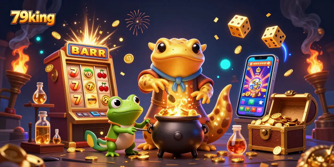 Experience thrilling games at 79king with an enchanting 3D illustration of casino delights and golden winnings.