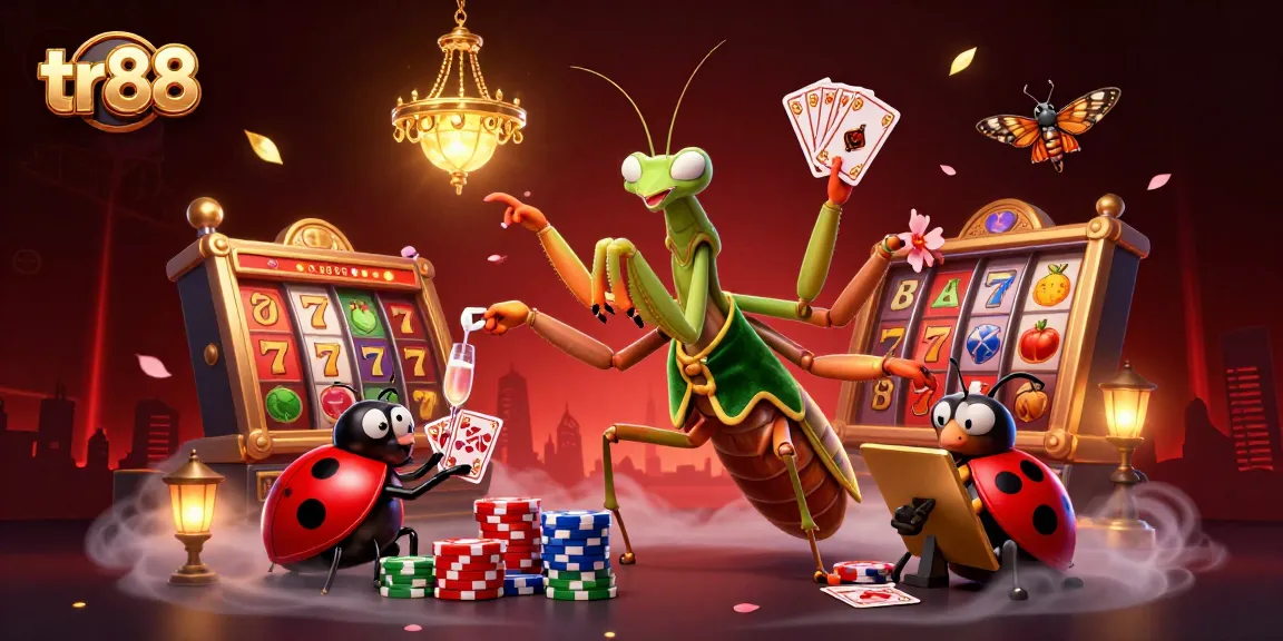 Experience the excitement of tr88 casino with a vibrant 3D scene featuring a giant praying mantis card sharp and ladybug pit boss.