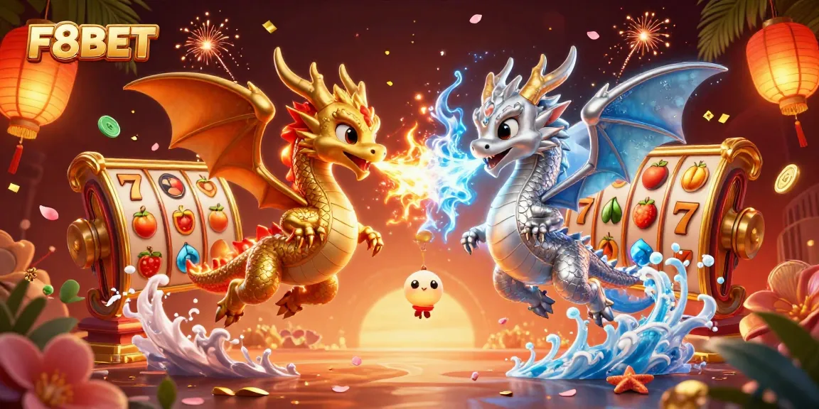 Engage with F8BET's thrilling slots featuring dragons amidst vibrant casino elements for a spectacular gaming experience.