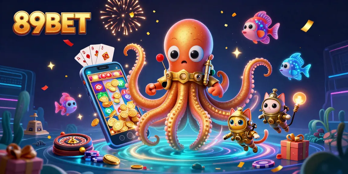 Experience thrilling gameplay with 89BET, featuring a kraken and diving cat amidst vibrant casino elements.