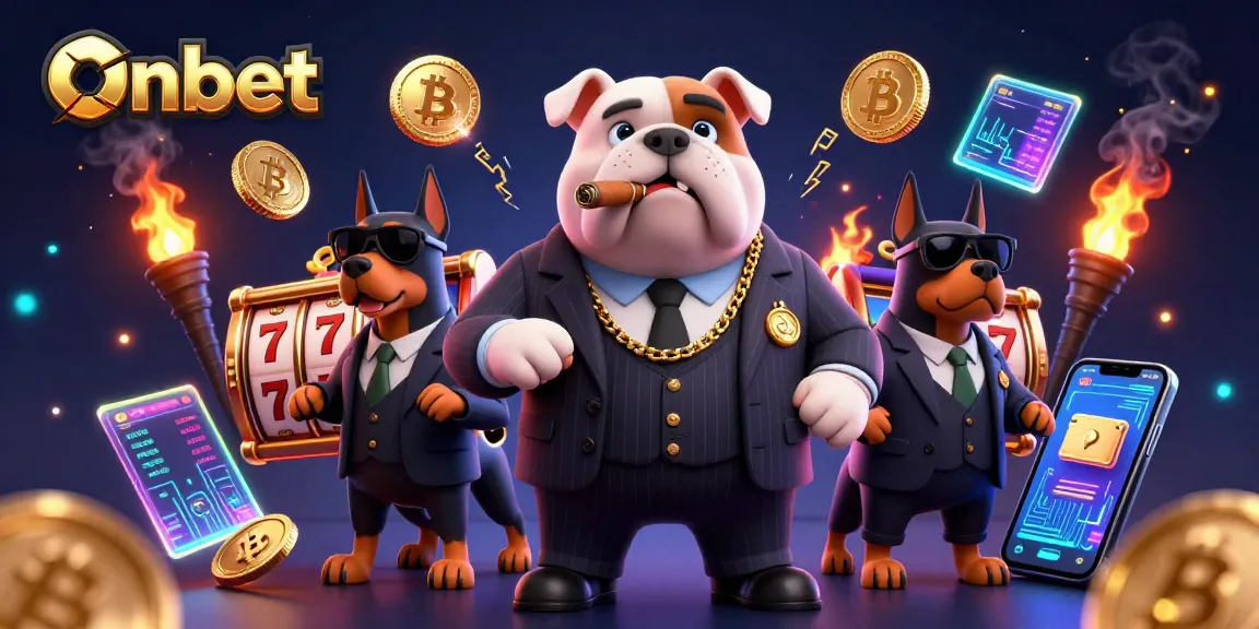 Engage with Onbet's thrilling slots featuring a mafia bulldog and bodyguards in a dynamic casino setting.