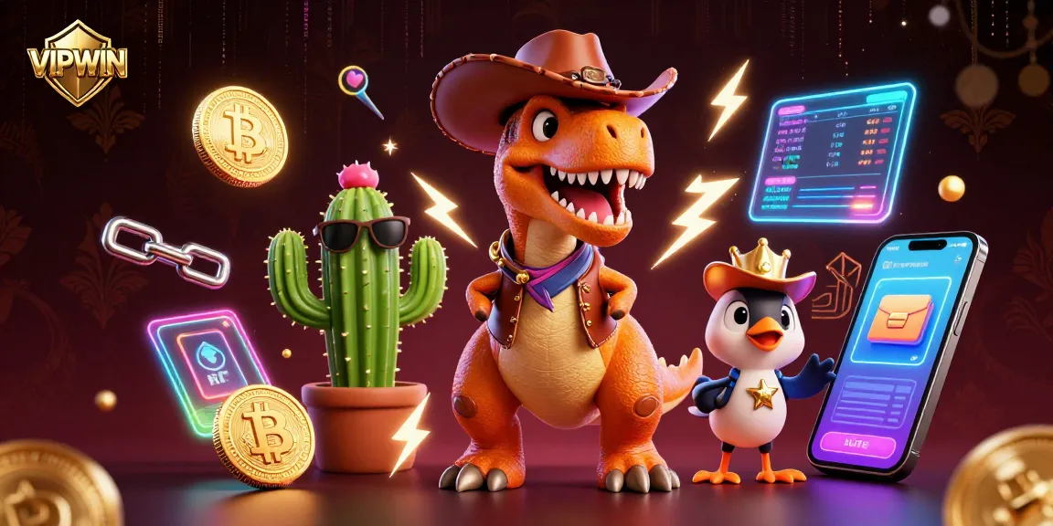 Engage in thrilling gameplay with VIPWIN, featuring vibrant cartoon characters and cryptocurrency elements.