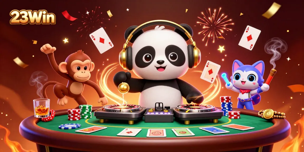 Experience the excitement at 23Win with vibrant casino-themed characters and action-packed elements.