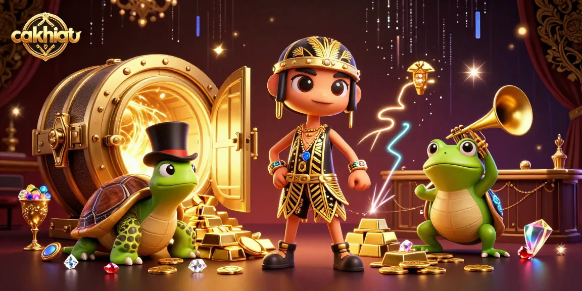 Engage with cakhiatv’s vibrant scene of cartoon characters celebrating casino riches in a dramatic 3D setting.