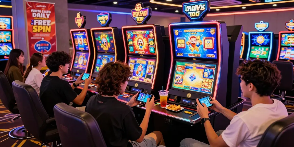 Exciting gaming experience at oppa86 situs with friends enjoying colorful slots and free spins.