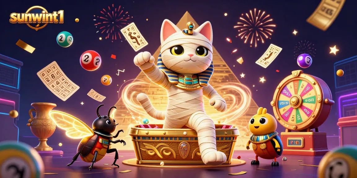 Engage in the excitement of sunwint1 with a vibrant casino illustration showcasing a mummy cat and colorful games.