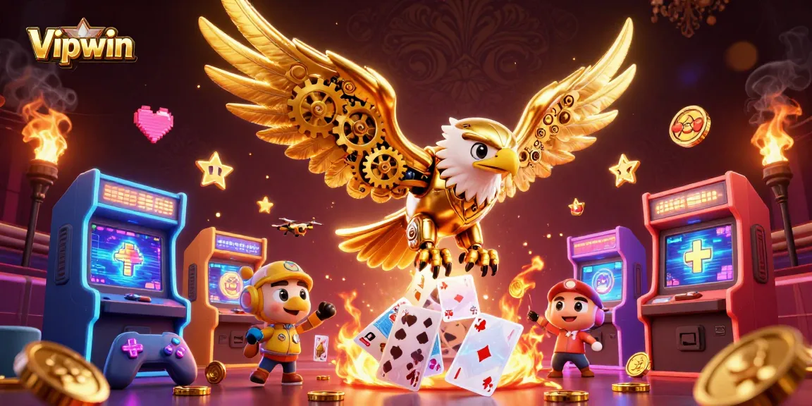Experience thrilling gameplay with the Vipwin golden eagle soaring through holographic cards in a vibrant casino scene.