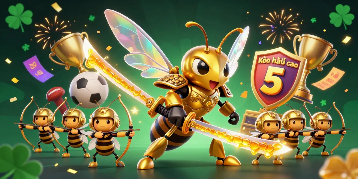 Kèo nhà cái 5 showcases a dynamic scene of golden hornet warriors in samurai armor alongside sports betting elements.